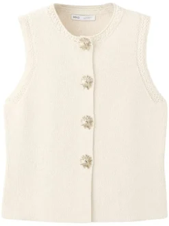 Gilet écru uni avec une coupe ajustée et des boutons-fleurs dorés