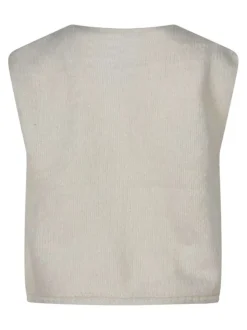 Gilet écru uni à col rond avec une coupe droite et des boutons dorés