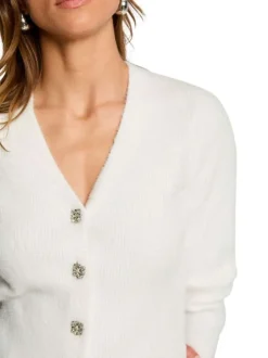 Gilet écru uni col v à manches longues avec boutonnière à strass