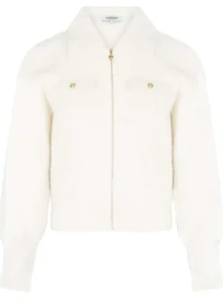Gilet écru uni à coupe droite avec des manches longues et zip doré