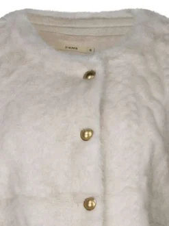 Gilet écru uni à coupe droite avec un col rond et des boutons dorés