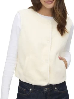 Gilet écru uni en maille sherpa avec boutonnière noire mate à l'avant