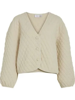 Gilet ecru uni matelassé avec une coupe droite et des manches longues