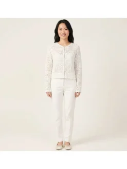 Gilet en coton blanc à motif floral avec une coupe droite et un col rond