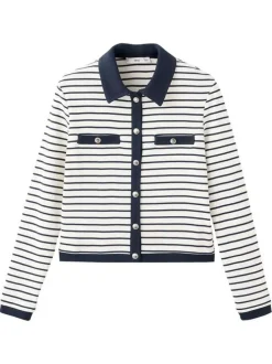 Gilet en coton blanc à rayures bleues avec une coupe droite et un col à revers