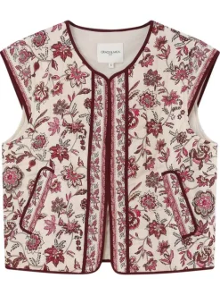 Gilet en coton bordeaux à motifs floraux avec une coupe droite et un col rond