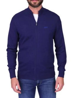 Gilet en coton marine uni avec une coupe droite et un col montant
