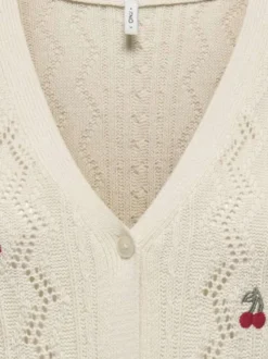 Gilet en coton mélangé beige avec des motifs cerises et à coupe droite