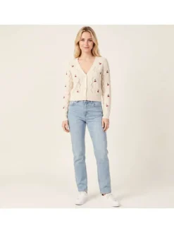 Gilet en coton mélangé beige avec des motifs cerises et à coupe droite