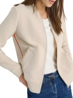 Gilet en coton mélangé beige uni pourvu d'une coupe droite et d'un col montant