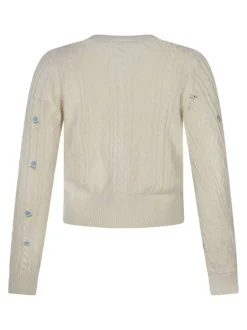 Gilet en coton mélangé écru uni pourvu de fleurs brodées et d'un col v