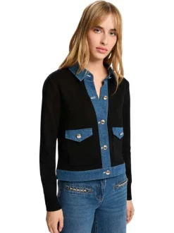 Gilet en coton noir uni avec une coupe droite et un col à revers