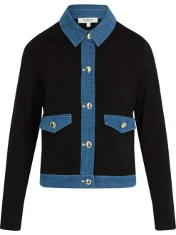 Gilet en coton noir uni avec une coupe droite et un col à revers