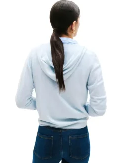Gilet en laine ciel uni à coupe droite, capuche, poches et fermeture zippée
