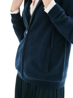 Gilet en laine marine uni avec une coupe droite et un col à capuche