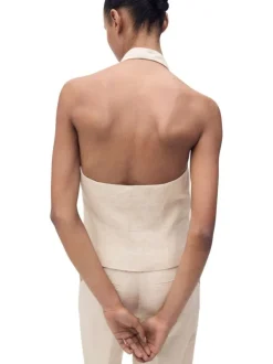 Gilet en lin beige clair uni dos nu fermé par des boutons à col v