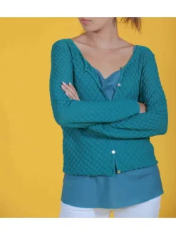 Gilet en maille ajourée pour femme pétrole coupe évasée HALO