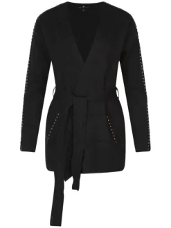 Gilet Gaxina noir uni à col v, manches longues et ceinture amovible