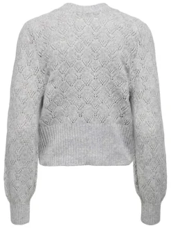Gilet gris en maille ajourée pourvu d'un col rond et de manches longues
