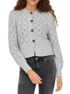 Gilet gris en maille ajourée pourvu d'un col rond et de manches longues