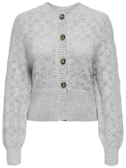 Gilet gris en maille ajourée pourvu d'un col rond et de manches longues