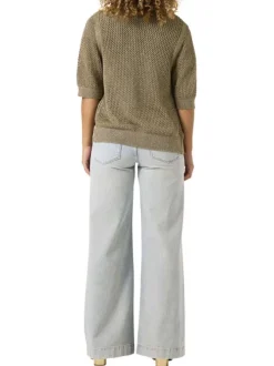 Gilet kaki en maille ajourée avec une coupe droite et des manches 2/3