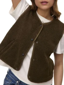 Gilet kaki uni en maille sherpa avec boutonnière noire mate à l'avant