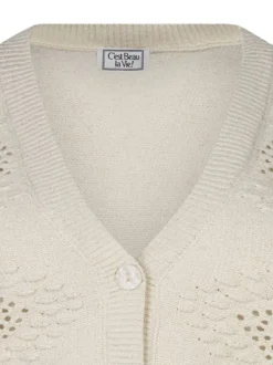 Gilet manches longues beige en maille ajourée à coupe droite avec un col v