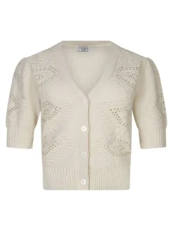 Gilet manches longues beige en maille ajourée à coupe droite avec un col v