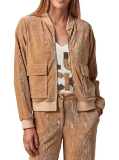 Gilet manches longues beige en velours à col bomber avec zip et 2 poches