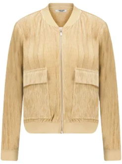 Gilet manches longues beige en velours à col bomber avec zip et 2 poches