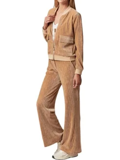 Gilet manches longues beige en velours à col bomber avec zip et 2 poches