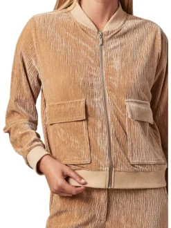 Gilet manches longues beige en velours à col bomber avec zip et 2 poches