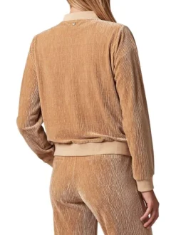 Gilet manches longues beige en velours à col bomber avec zip et 2 poches