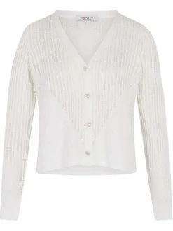 Gilet manches longues en coton écru uni avec une coupe droite et un col v