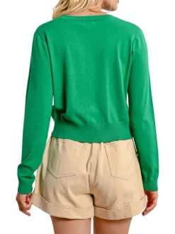 Gilet manches longues vert uni avec une coupe droite et un col rond