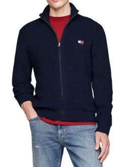 Gilet marine uni avec une coupe droite et un col montant en côtes
