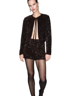 Gilet marron à sequins pourvu d'un col rond et de manches longues