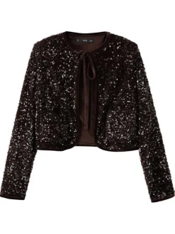 Gilet marron à sequins pourvu d'un col rond et de manches longues