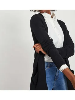 Gilet noir col v longueur mi-cuisse et poches plaquées à l'avant