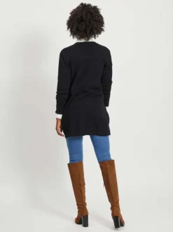 Gilet noir col v longueur mi-cuisse et poches plaquées à l'avant