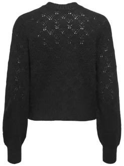 Gilet noir en maille ajourée pourvu d'un col rond et de manches longues