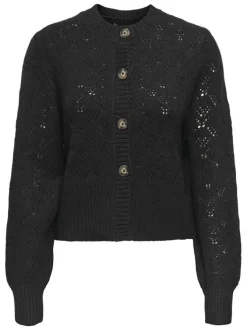 Gilet noir en maille ajourée pourvu d'un col rond et de manches longues