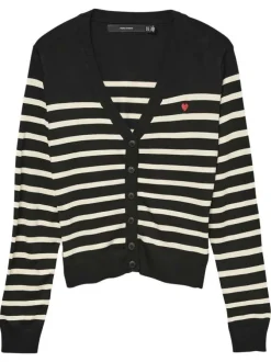 Gilet noir et blanc à motif rayé pourvu d'un col v et de manches longues