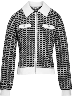 Gilet noir et blanc à motifs avec une coupe droite et un col à revers