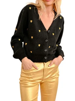 Gilet noir à motif coeur avec une coupe droite, col v et à manches longues