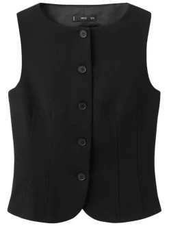 Gilet noir uni avec une coupe ajustée et un col rond boutonné