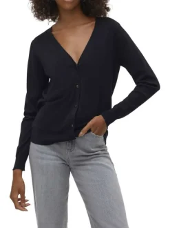 Gilet noir uni à coupe droite avec un col v et des manches longues