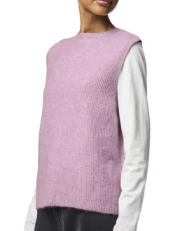 Gilet rose uni avec une coupe droite et un col rond avec liens