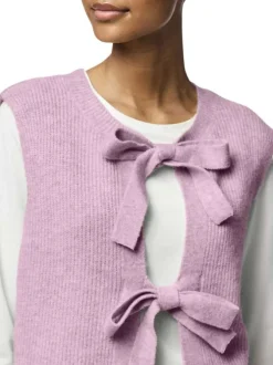 Gilet rose uni avec une coupe droite et un col rond avec liens